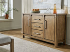 Dining room server with side cabinet doors and three pull-out drawers, light brown