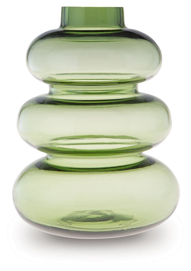 Green glass vase with flared top and stacked rounded bulb sections.