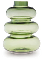 Green glass vase with flared top and stacked rounded bulb sections.