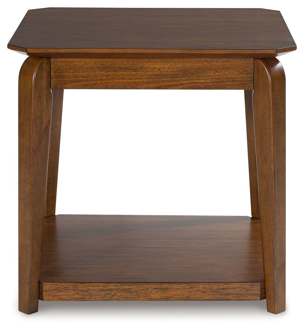 Square end table with medium brown finish, open lower shelf, and sturdy corner legs