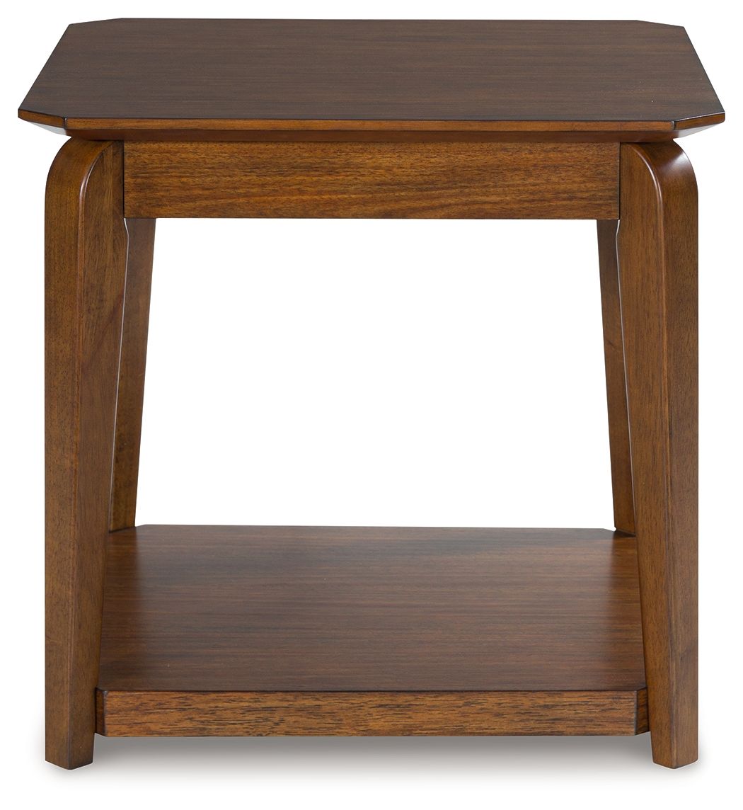 Square end table with medium brown finish, open lower shelf, and sturdy corner legs