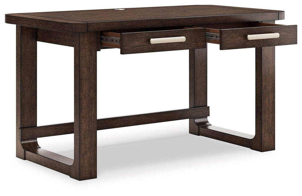 Home office desk with two drawers and open under-shelf in dark brown, angle view