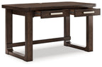 Home office desk with two drawers and open under-shelf in dark brown, angle view