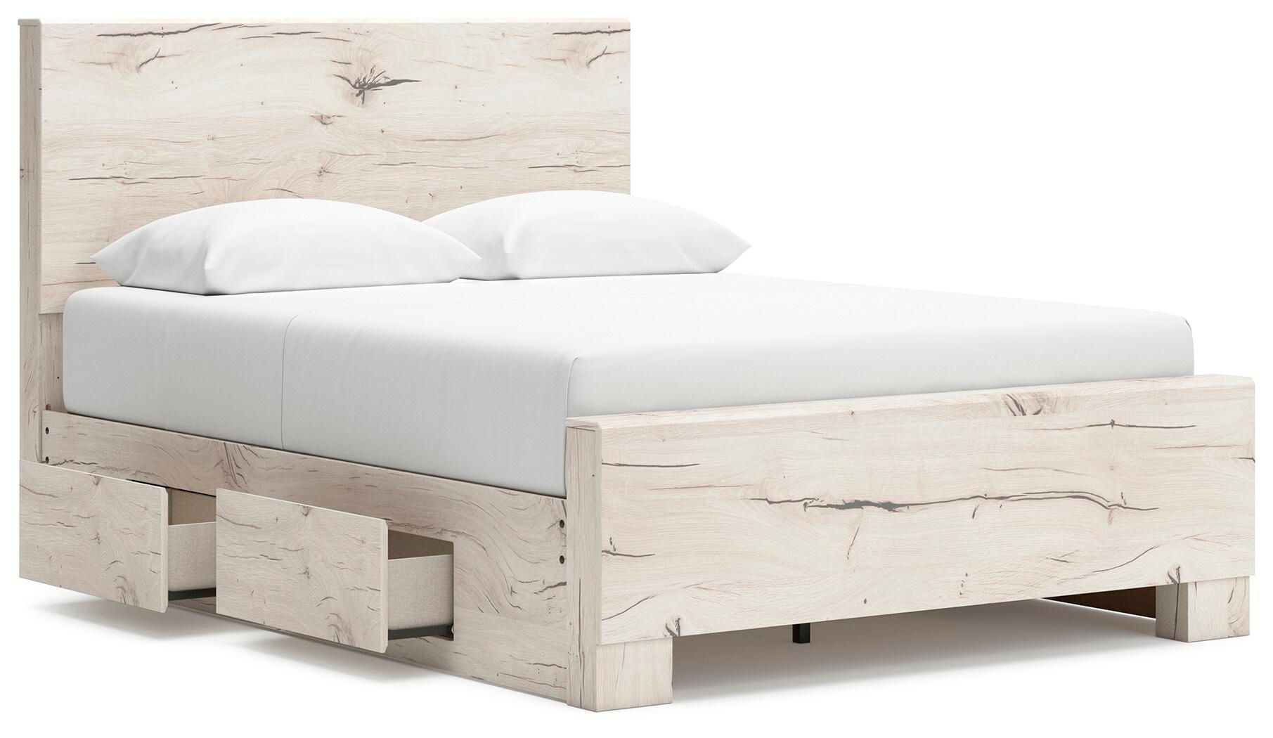 Panel bed with storage in light beige wood grain, center underbed drawer visible
