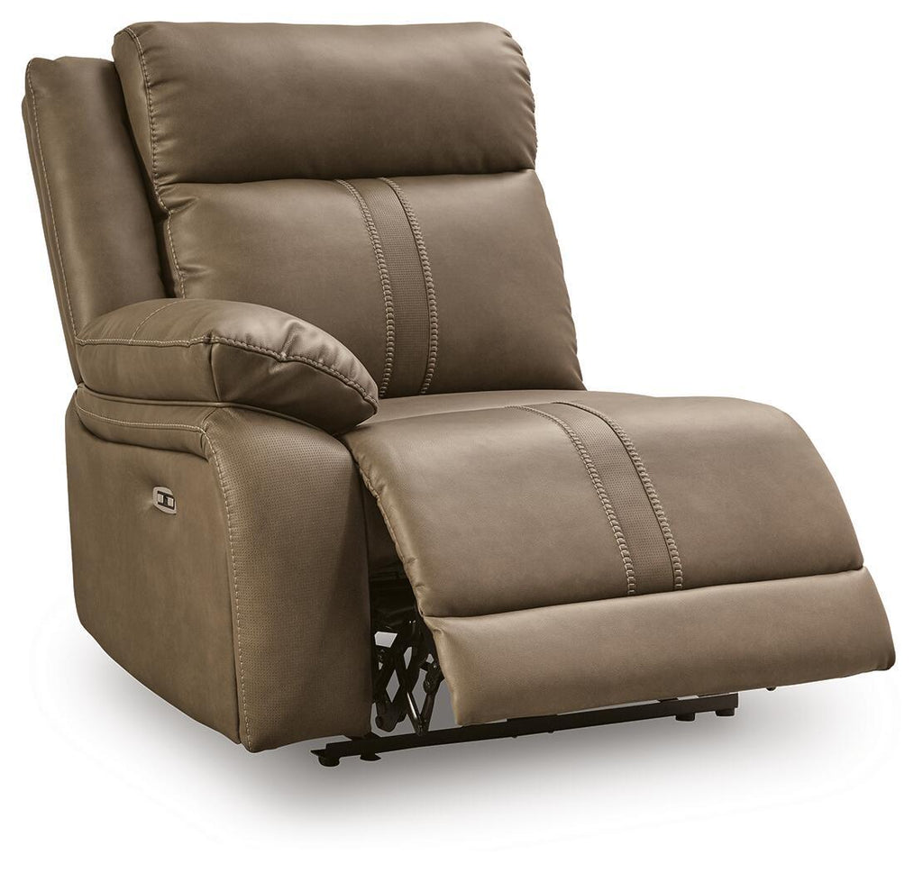 Biscotti beige power recliner with extended footrest and stitched seat cushions