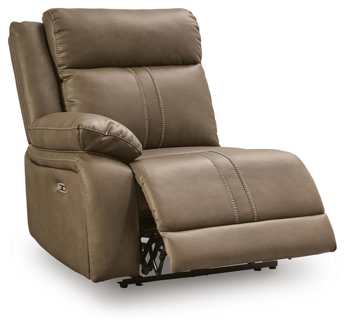 Biscotti beige power recliner with extended footrest and stitched seat cushions