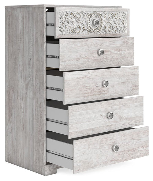 Whitewash chest of drawers with ornate top, side view showing open drawers and knobs