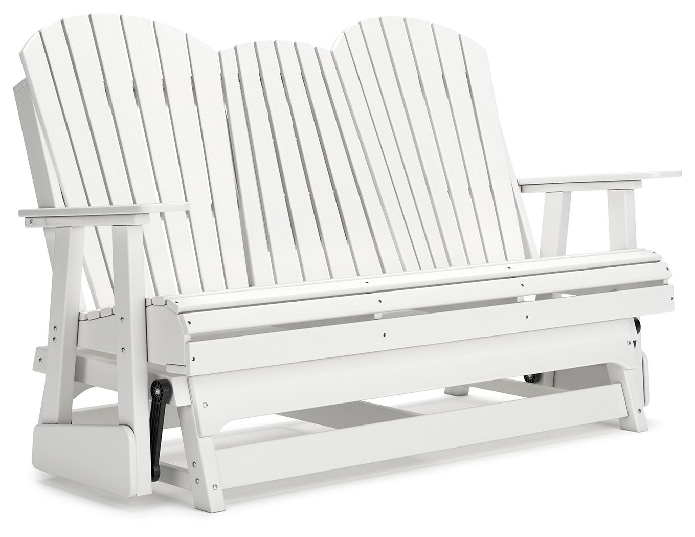 White outdoor glider loveseat with curved slat back and matching armrests