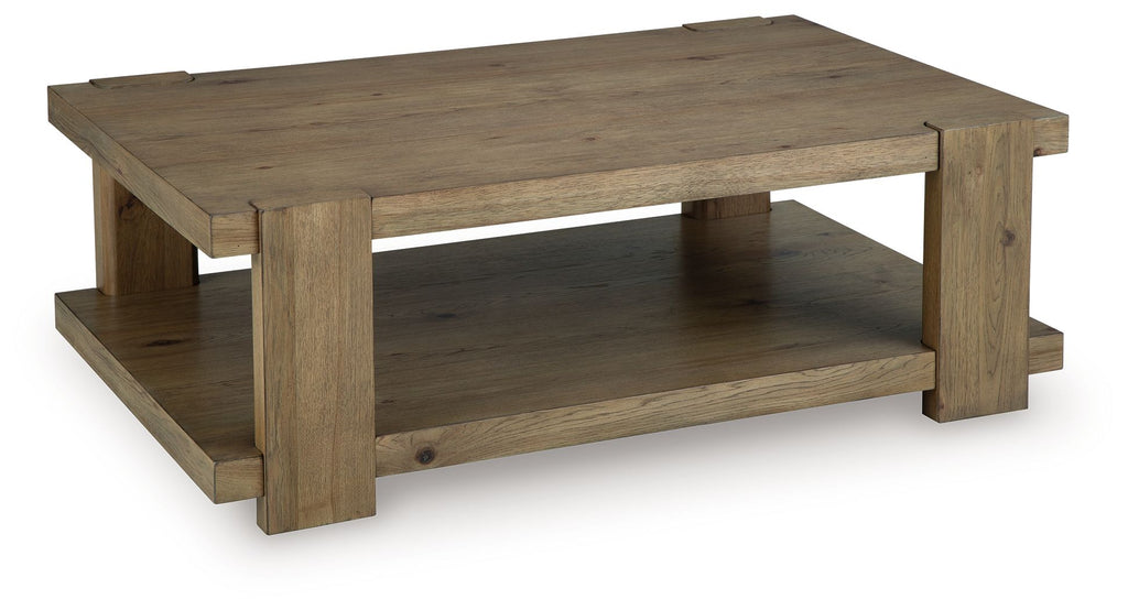 Light brown rectangular cocktail table, open frame with lower storage shelf