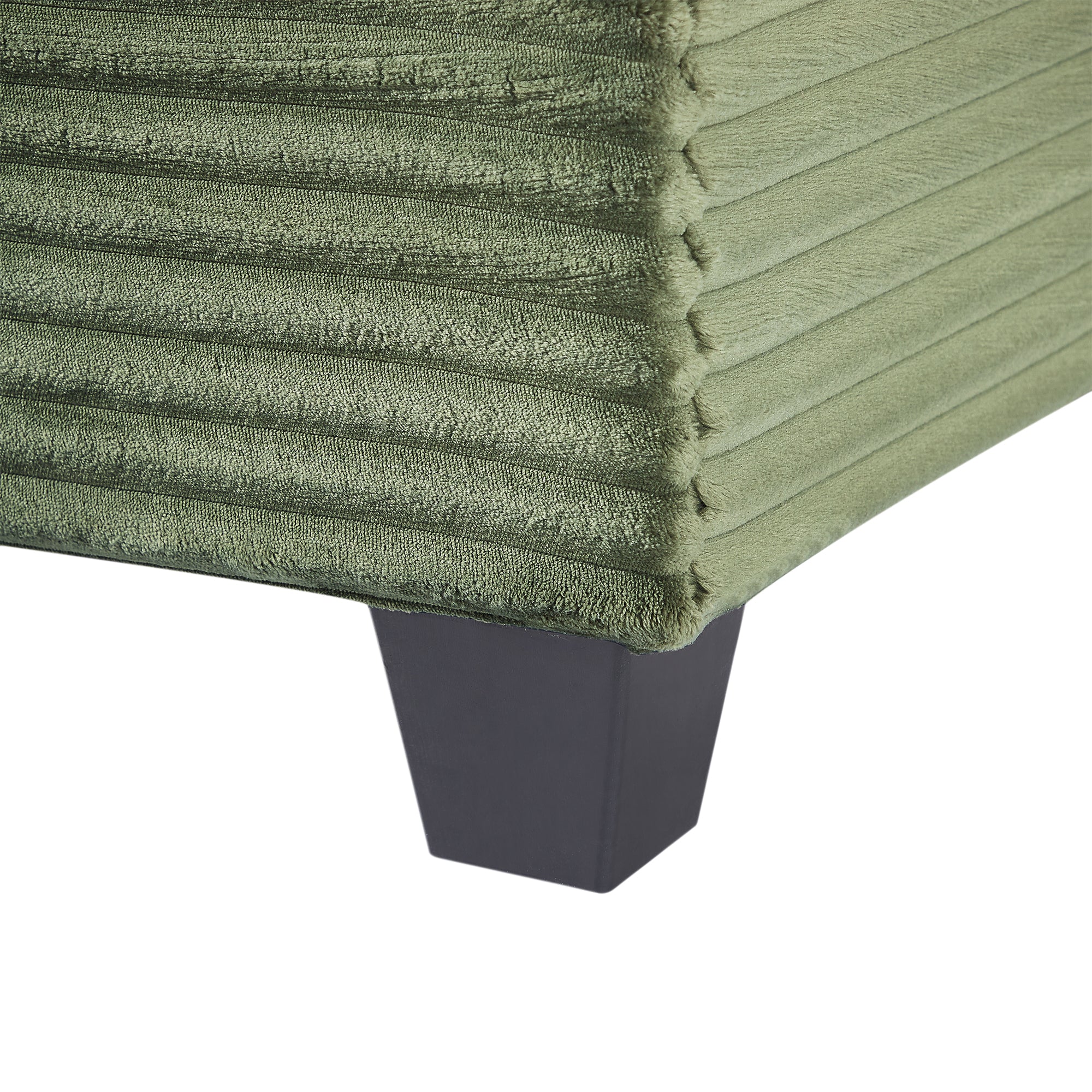 Green corduroy sectional sofa corner with block feet and ribbed upholstery