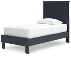 Blue platform bed with panel headboard, white mattress and rounded side rails