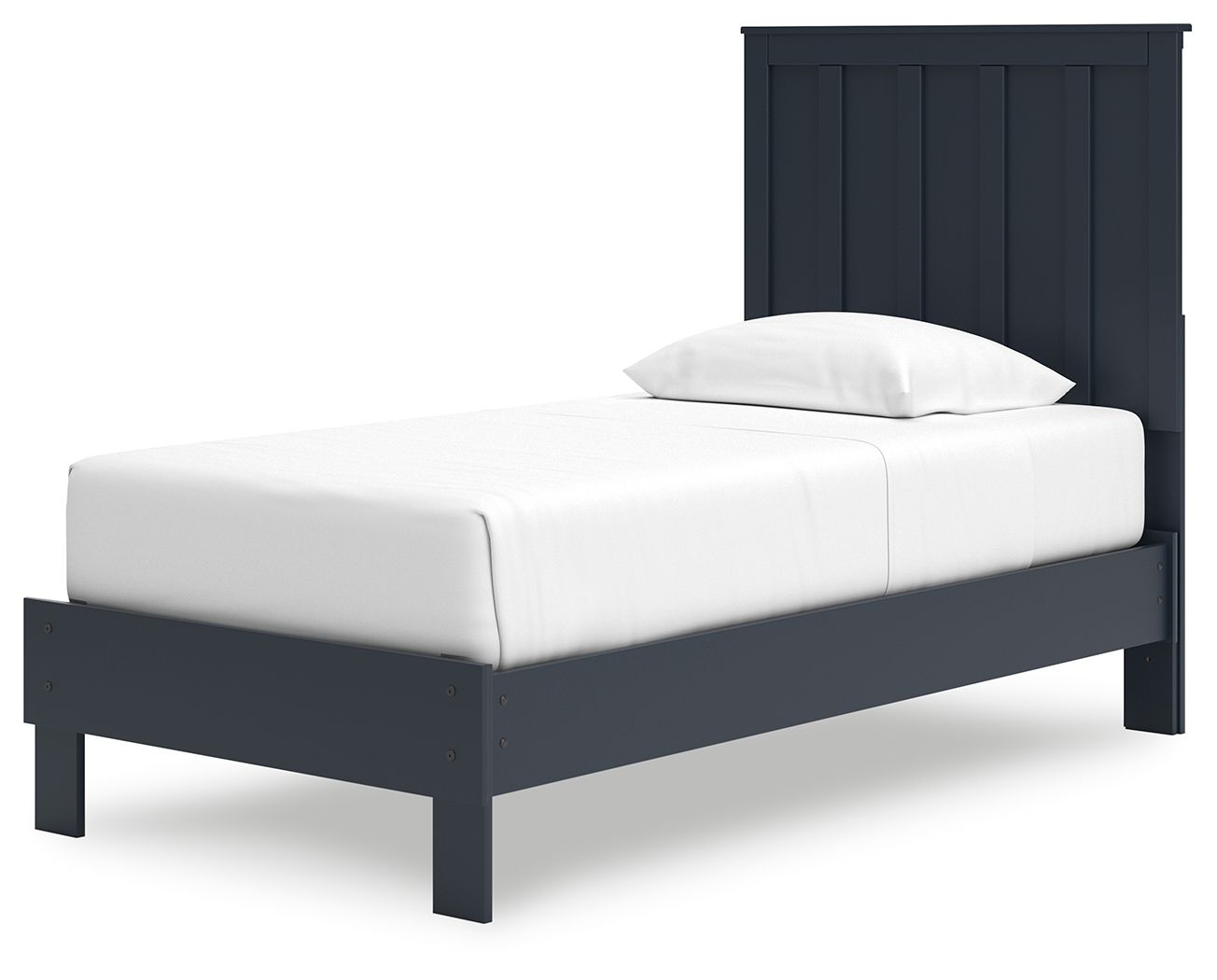 Blue platform bed with panel headboard, white mattress and rounded side rails