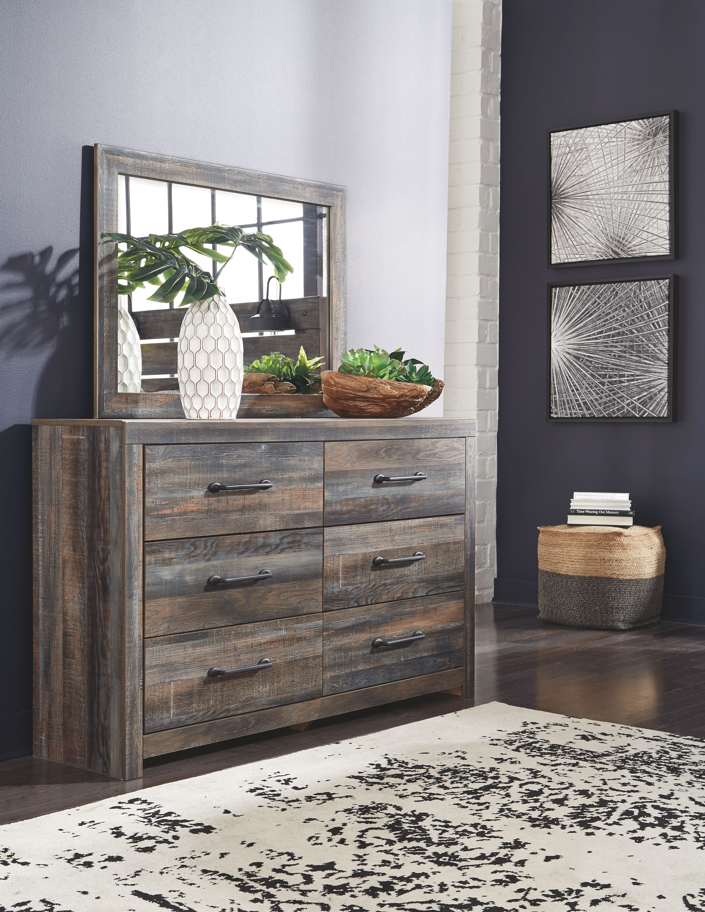 Drystan panel dresser with gray-brown wood finish and six drawers, bar pulls