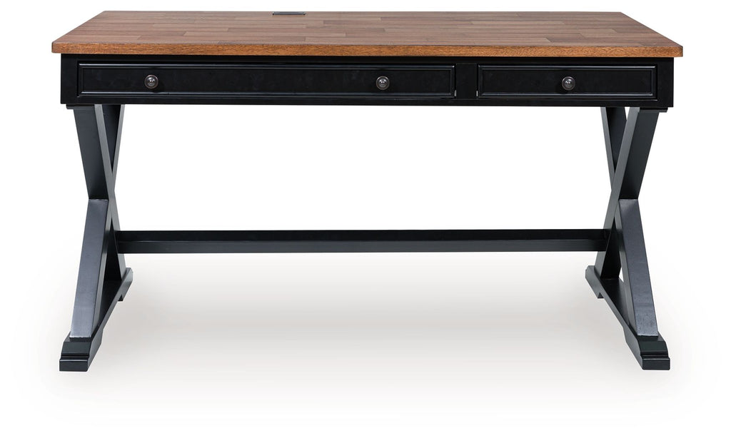 Wildenauer home office desk, brown tabletop, black front drawer, open shelf frame