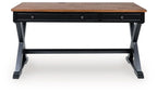 Wildenauer home office desk, brown tabletop, black front drawer, open shelf frame