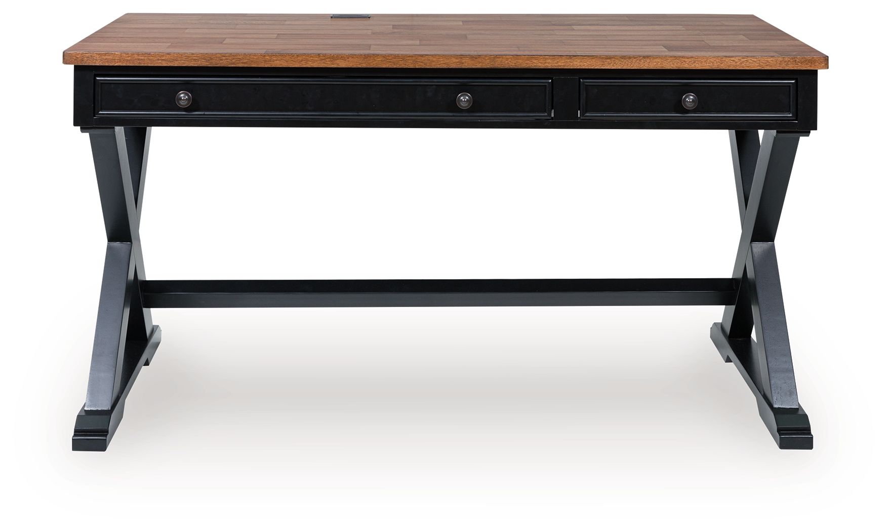 Wildenauer home office desk, brown tabletop, black front drawer, open shelf frame