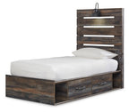 Panel bed with two side drawers in dark distressed wood, white mattress and pillows
