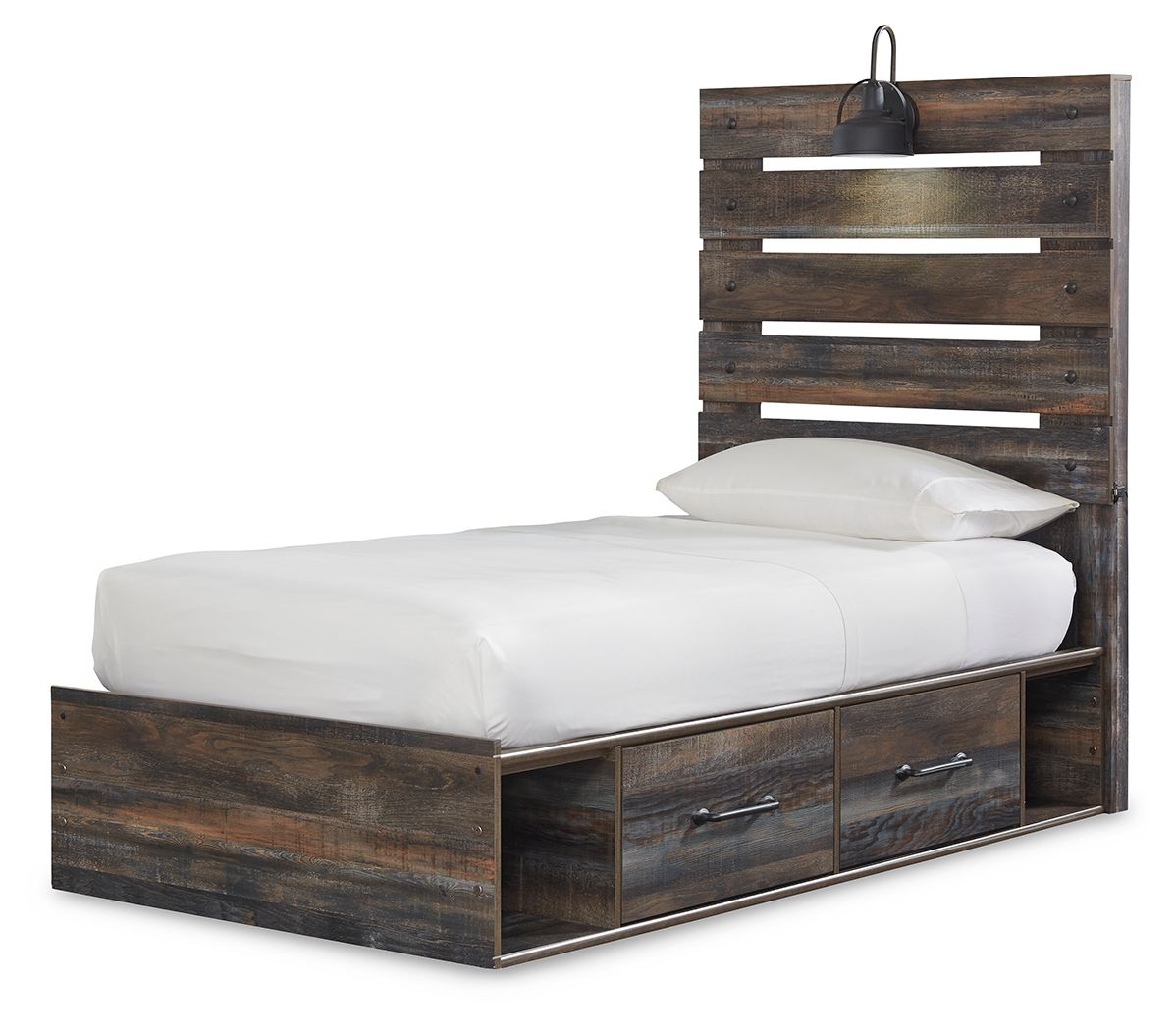 Panel bed with two side drawers in dark distressed wood, white mattress and pillows