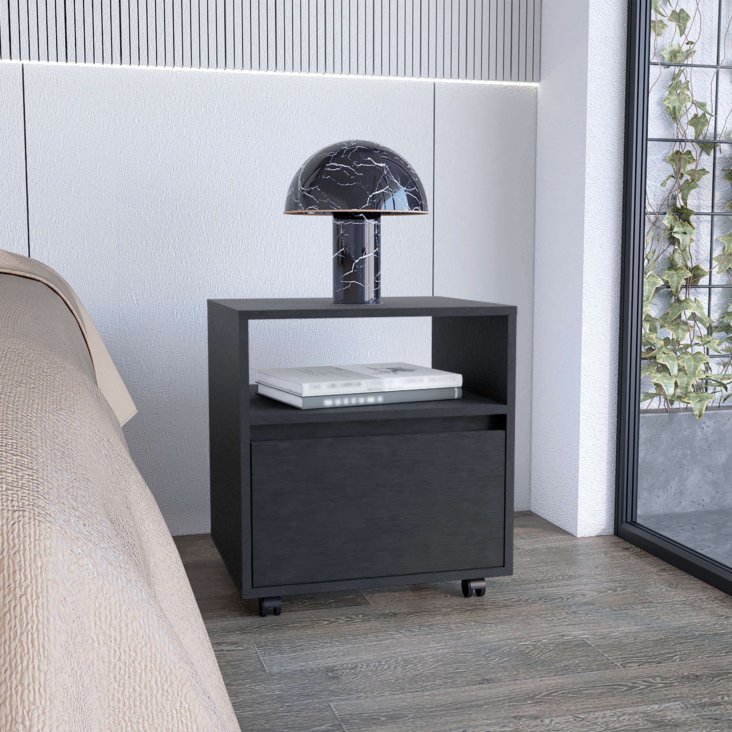 20"H Black Nightstand: Drawer, Open Shelf, Rolling Casters