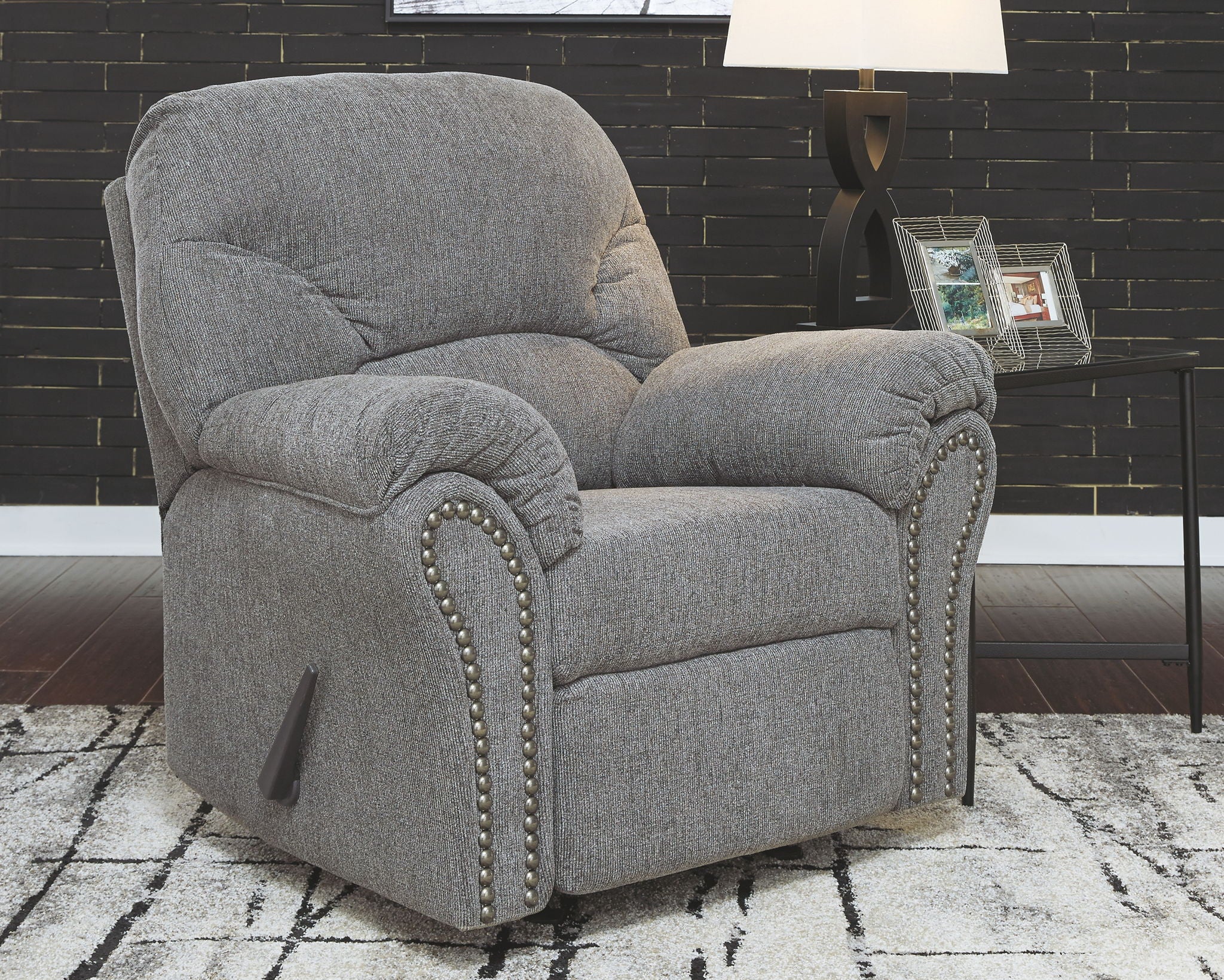 Pewter fabric rocker recliner with button-tufted back, nailhead-trimmed arms