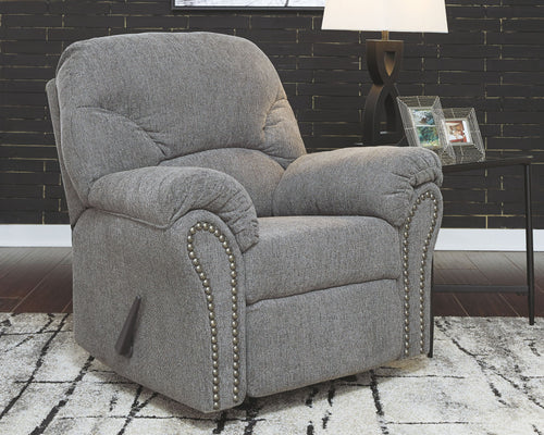 Pewter fabric rocker recliner with button-tufted back, nailhead-trimmed arms