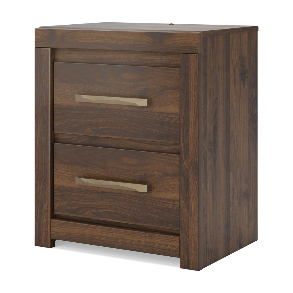 Brown two-drawer nightstand with two bar pulls and vertical wood-grain sides