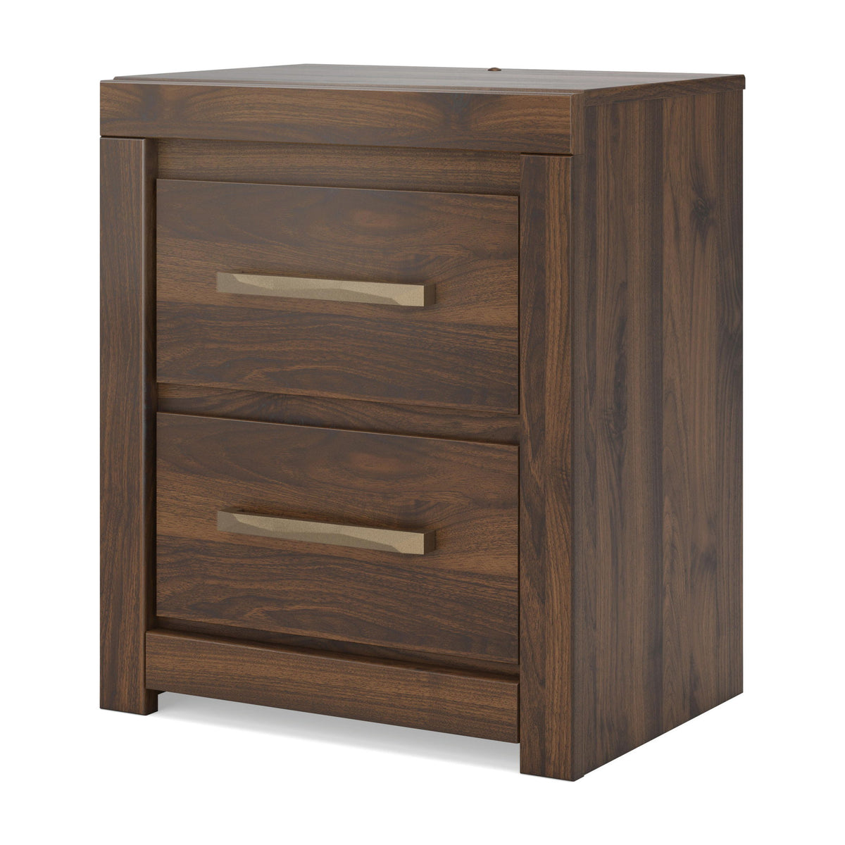 Brown two-drawer nightstand with two bar pulls and vertical wood-grain sides