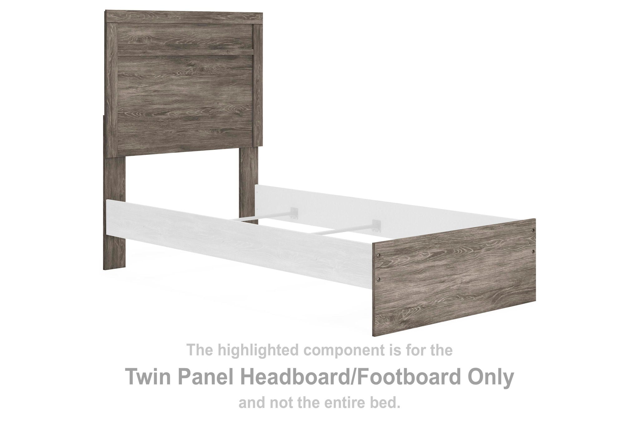 Gray twin panel headboard and footboard with rectangular wood panels, open bed frame