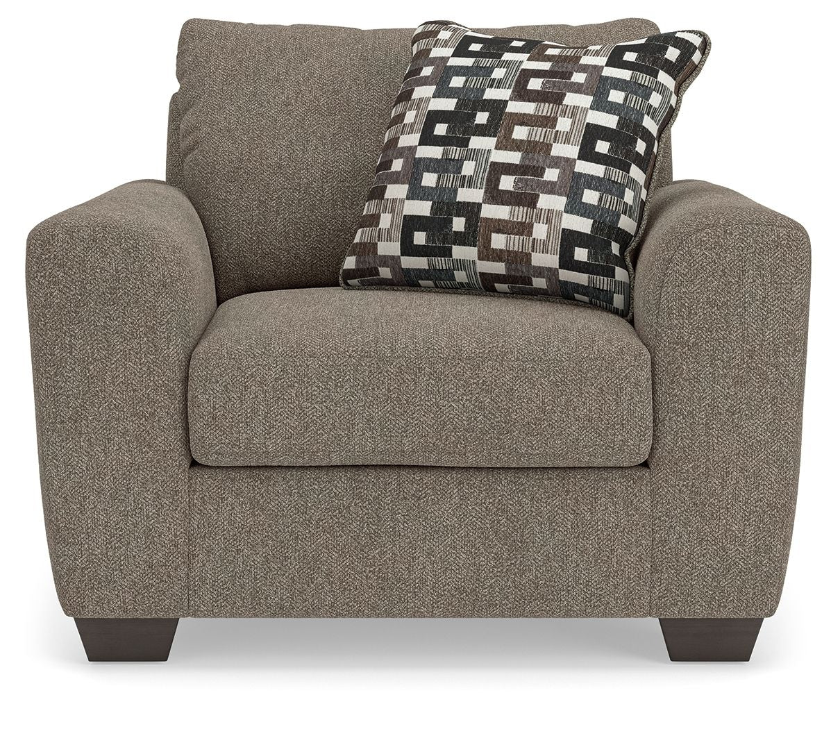 Upholstered chair and a half with dark gray fabric and geometric patterned seat pillow