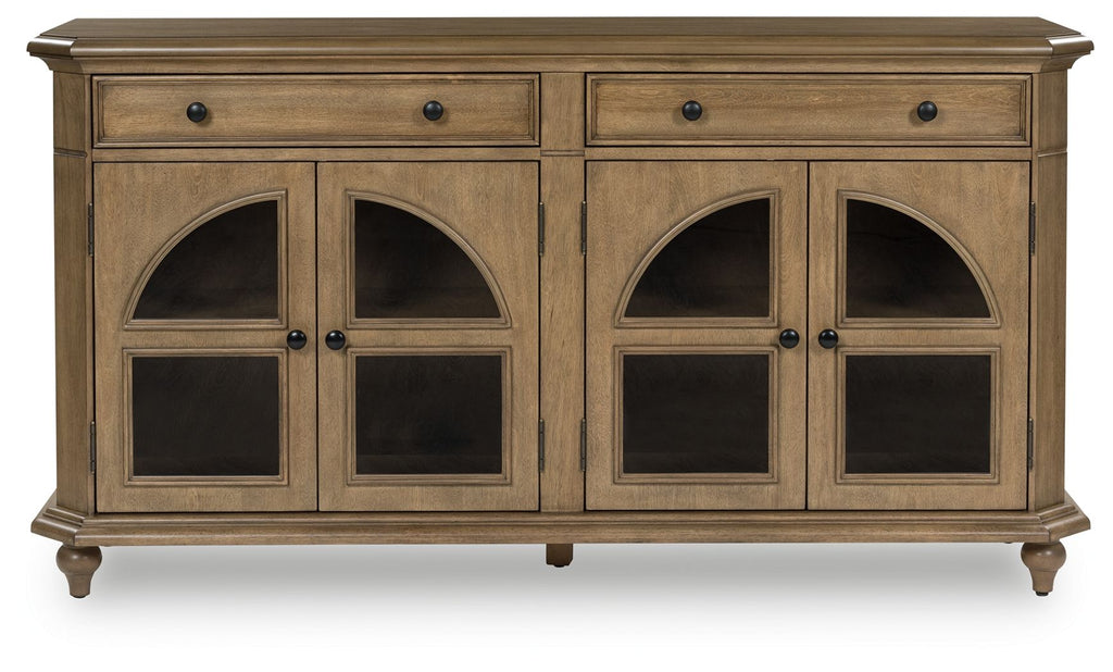 Brown sideboard-style accent cabinet with four arched glass doors and two drawers