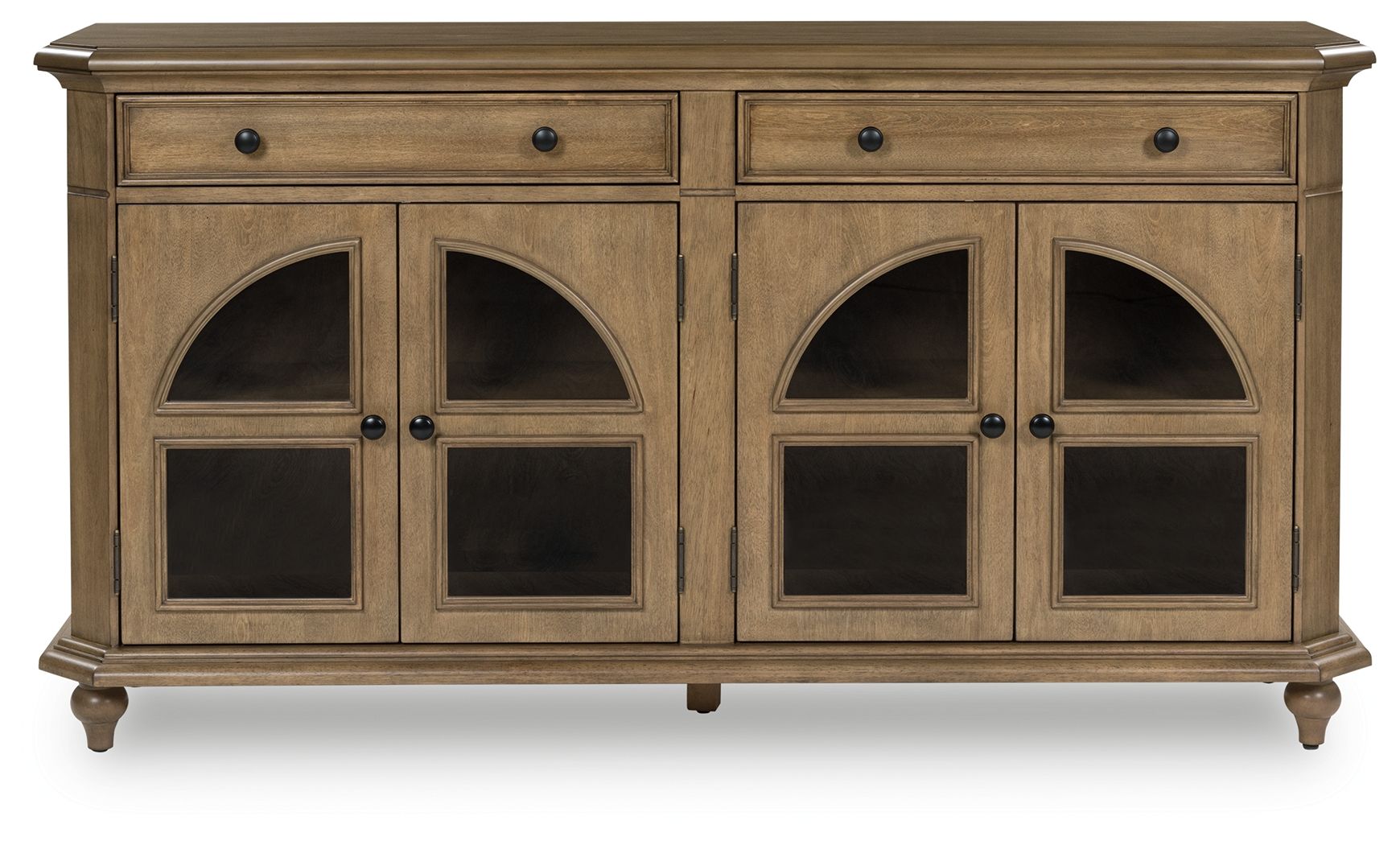 Brown sideboard-style accent cabinet with four arched glass doors and two drawers