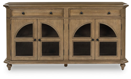 Brown sideboard-style accent cabinet with four arched glass doors and two drawers