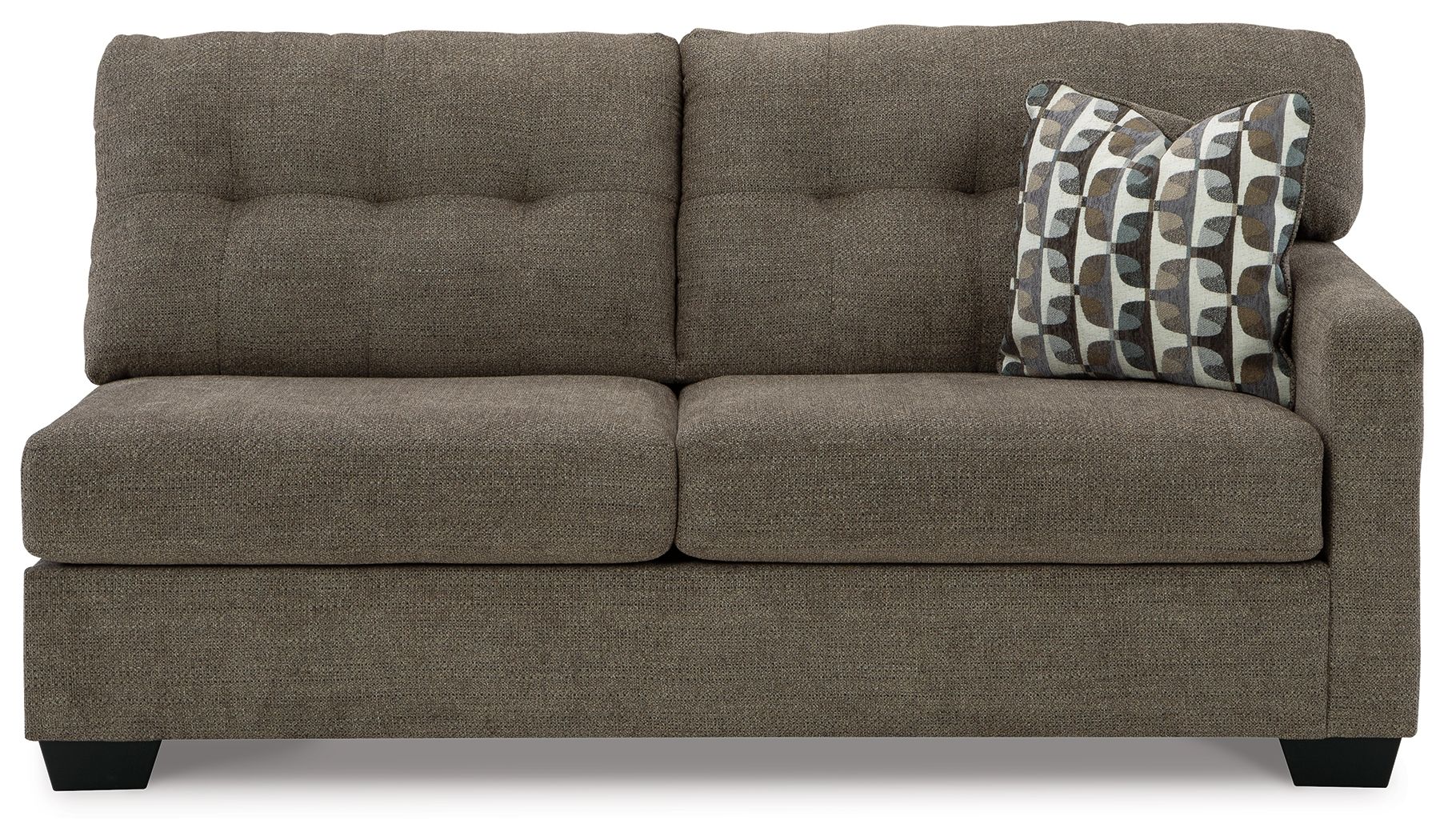Tufted back sofa sleeper with dark gray upholstery and geometric throw pillow