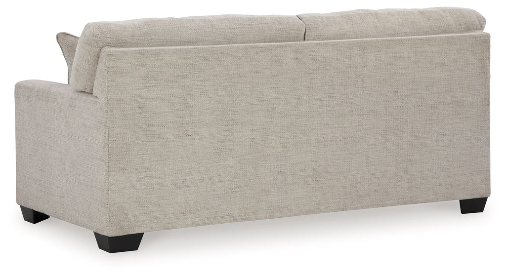 Light gray fabric sofa with track arms and square back cushion, dark block feet