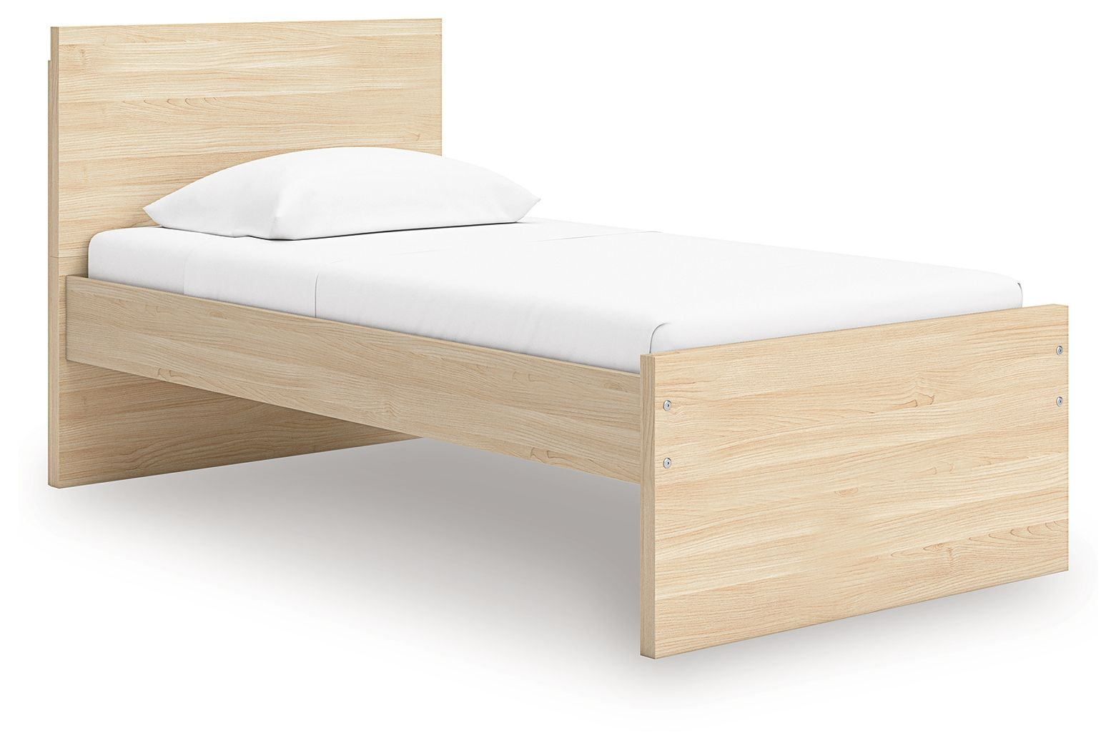 Light brown panel platform bed with slatted support and two side drawers