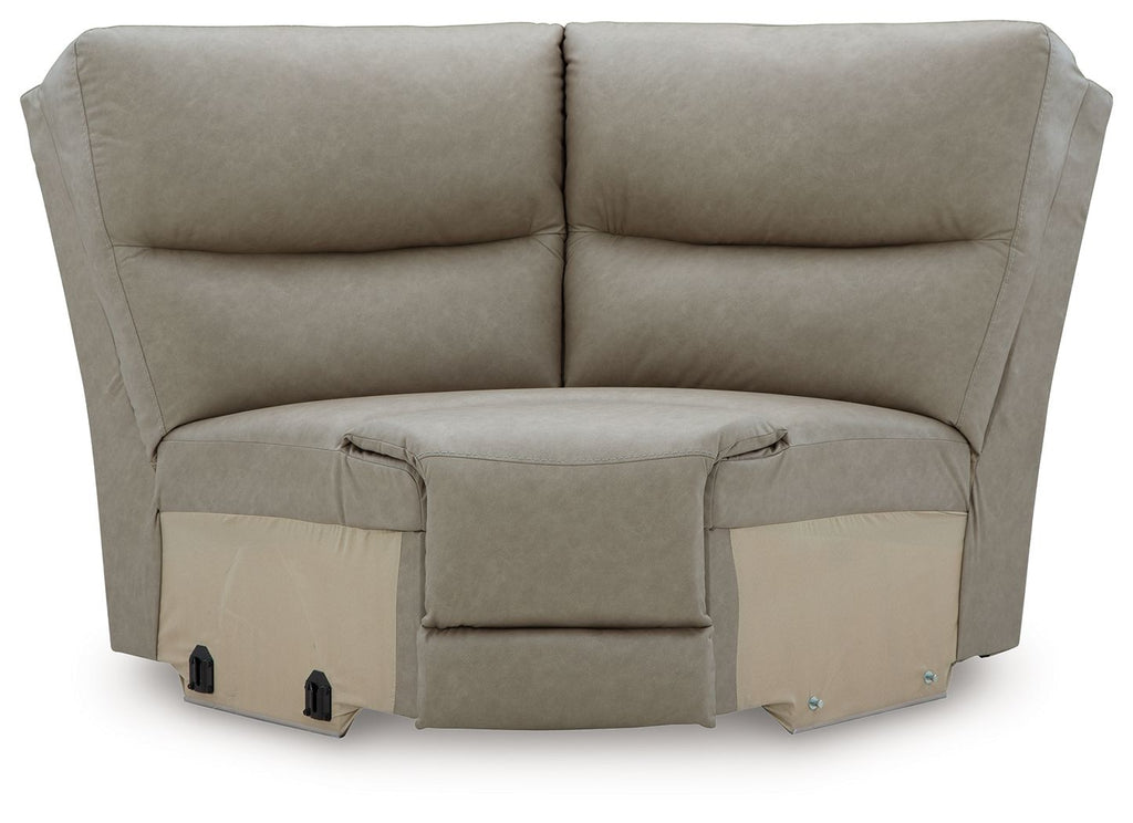 Pebble gray upholstered wedge sectional chair with padded arms and cushioned back