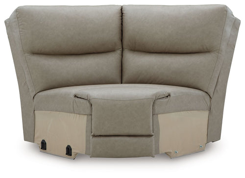 Pebble gray upholstered wedge sectional chair with padded arms and cushioned back