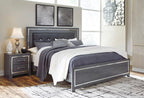 Gray king bed panel rails with dark upholstered frame and side rail panels