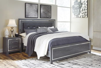Gray king bed panel rails with dark upholstered frame and side rail panels