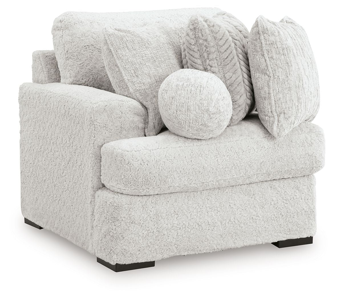 Corner armchair with rounded arm and arctic light-gray textured fabric, back cushions and bolster