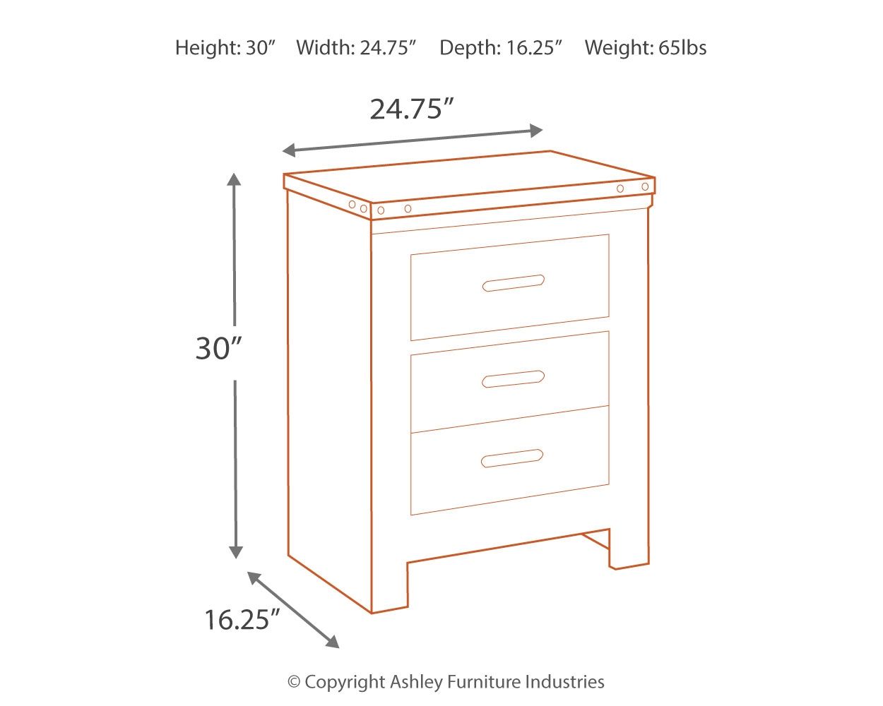 Night stand dimensions diagram, height 30 in, width 24.75 in