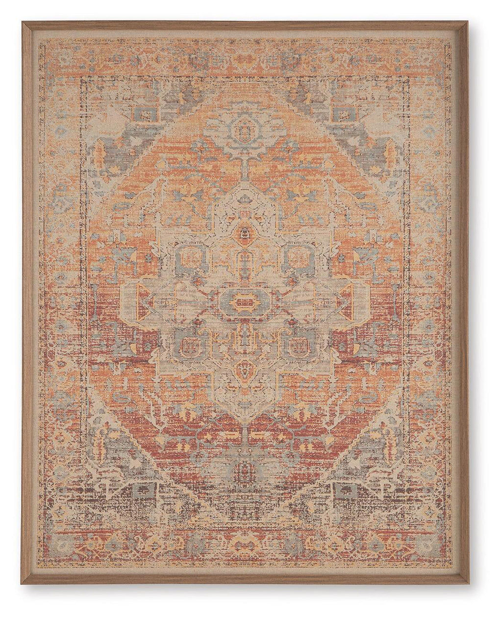 Framed wall art featuring centered geometric medallion in red, orange, gray, and blue