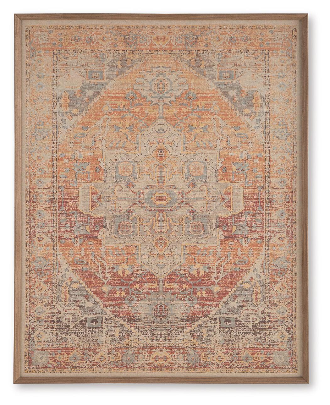 Framed wall art featuring centered geometric medallion in red, orange, gray, and blue