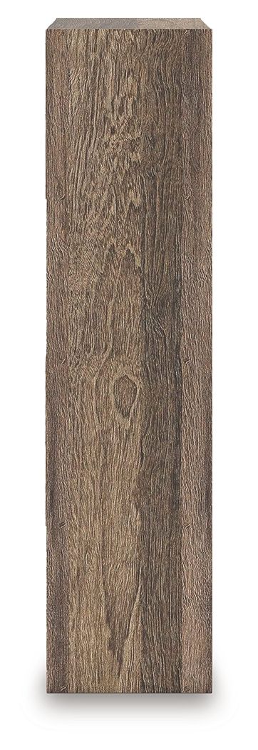Dark brown cube organizer side panel with wood-grain texture and open frame