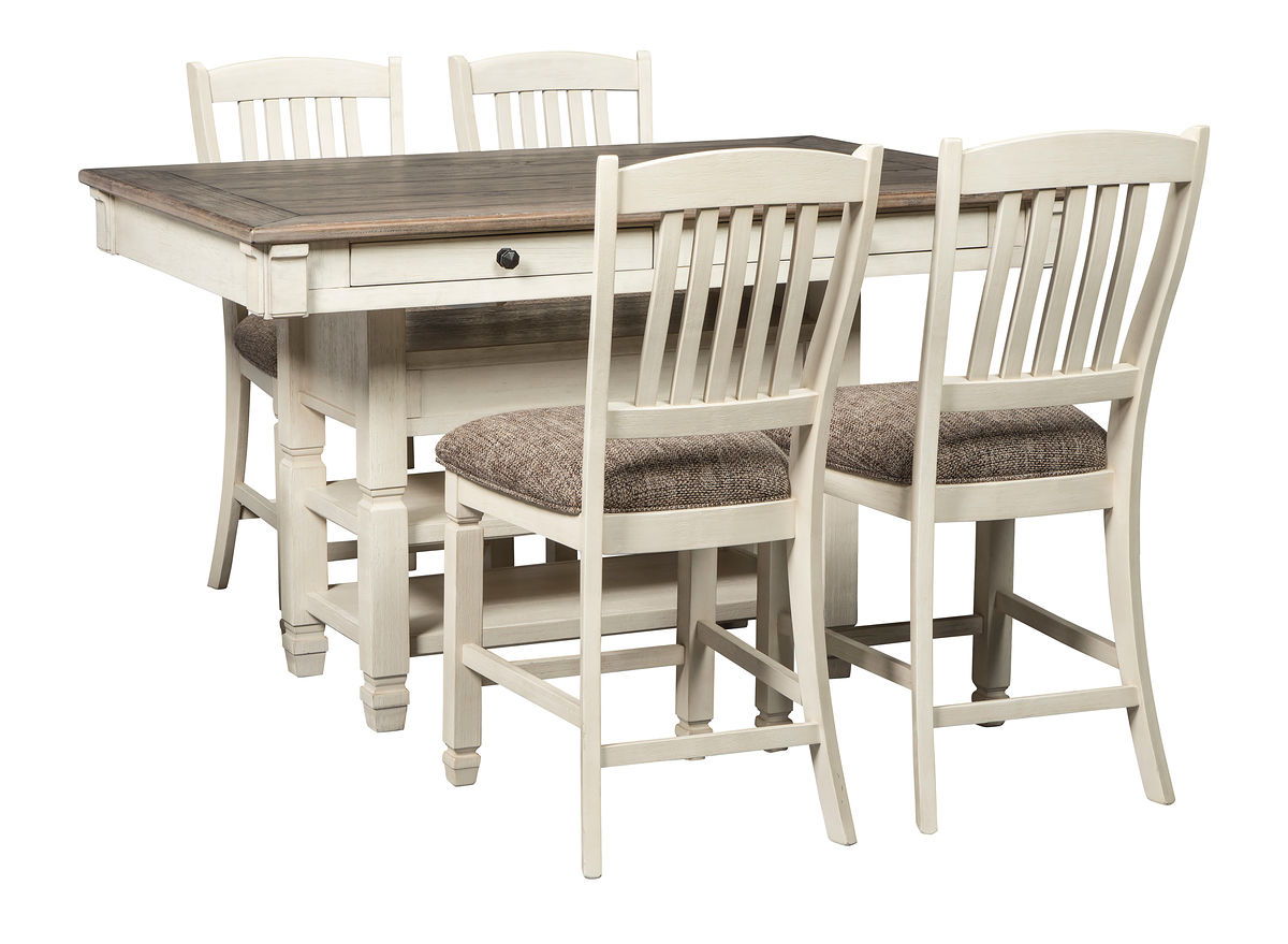 Beige dining table set with rectangular table and white slat back chairs
