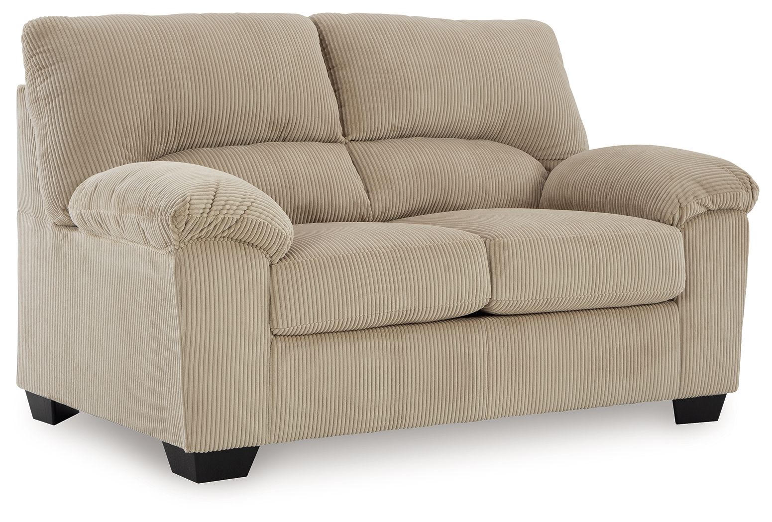 Beige corduroy loveseat with rolled arms, tufted back cushions, and dark feet
