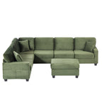 Green corduroy U-shaped sectional sofa with cushions and corner arms