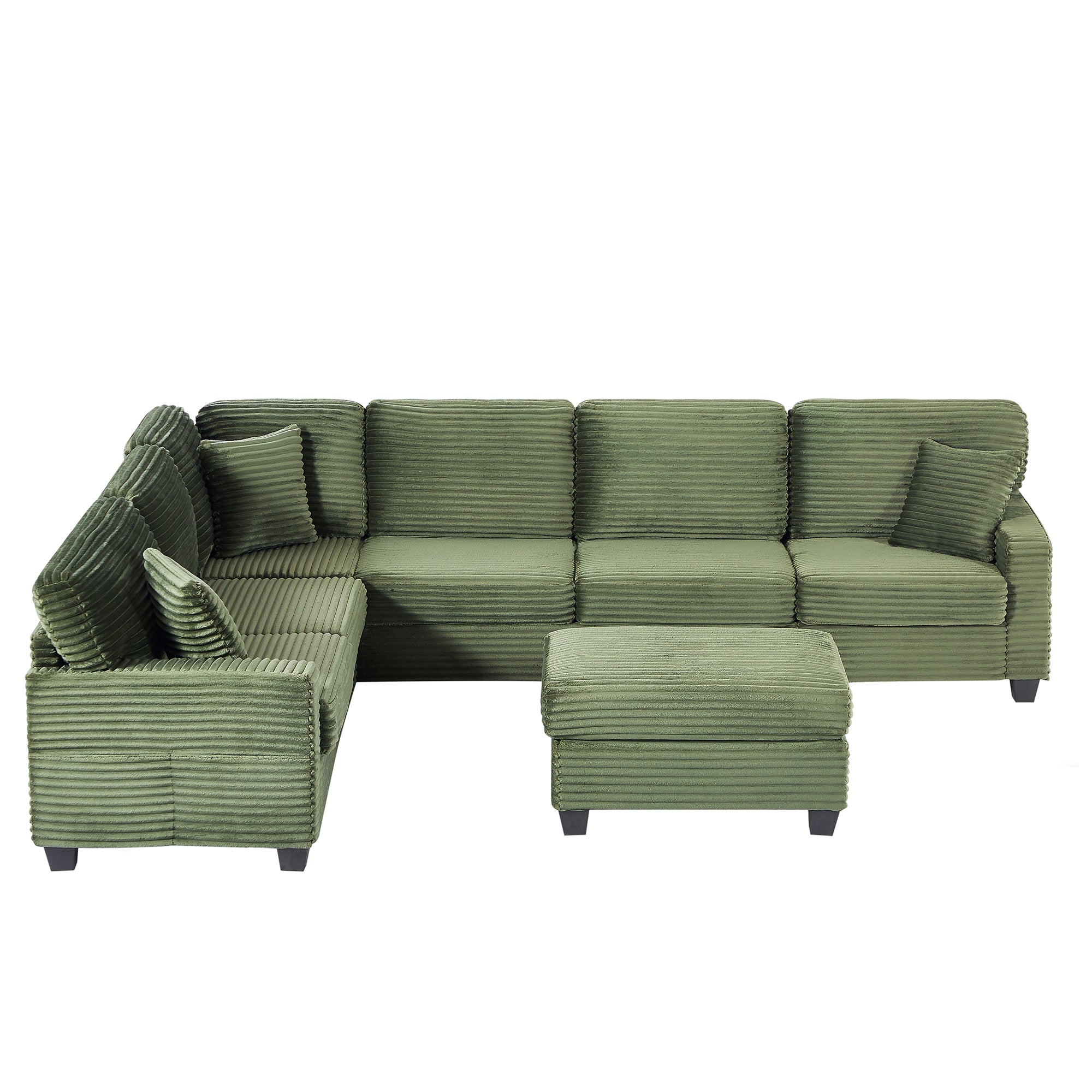 Green corduroy U-shaped sectional sofa with cushions and corner arms