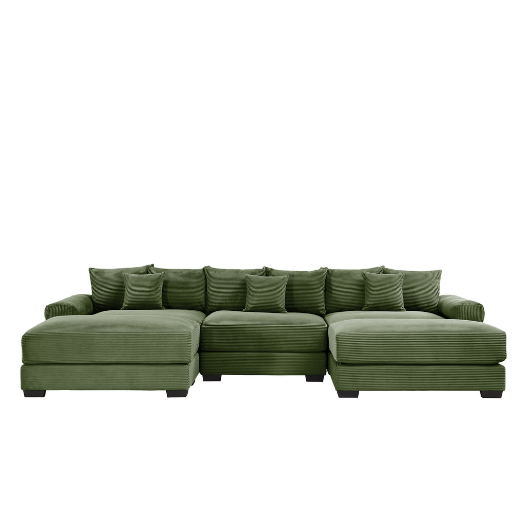 Green corduroy sectional sofa with three back cushions and two chaise-style ottomans