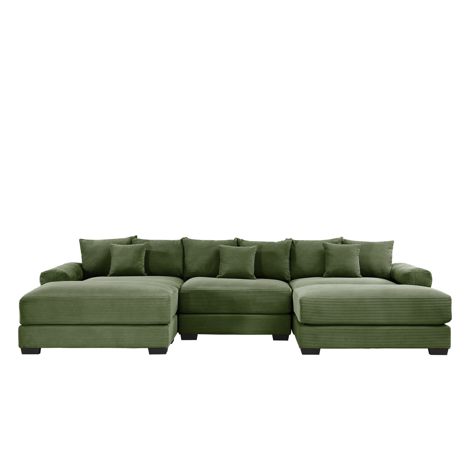 Green corduroy sectional sofa with three back cushions and two chaise-style ottomans